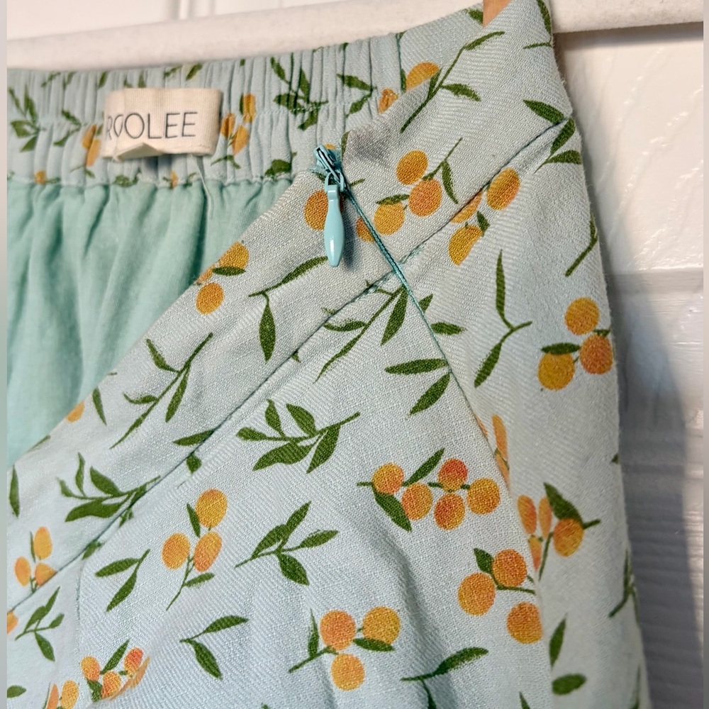 Light Teal Midi Skirt with Golden Yellow Floral Lemon Design — XS - Picture 5 of 6